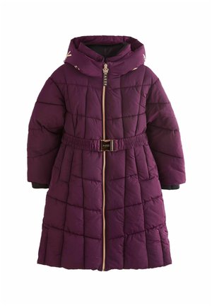 Lila Daunenjacke mit Kapuze, mit gestepptem Design, goldfarbigem Reißverschluss und elastischem Taillenbund. Schwarze Akzente an den Ärmeln.