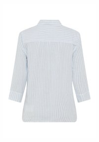 Light blue striped shirt with three-quarter sleeves and a collared neckline. Features a pleated back and soft cotton fabric.
