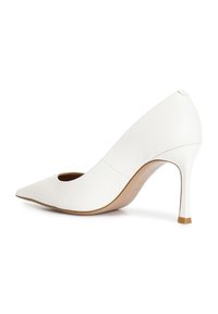 White leather high heel shoe with a pointed toe and a cutout design. Features a slender stiletto heel and a smooth, textured surface.