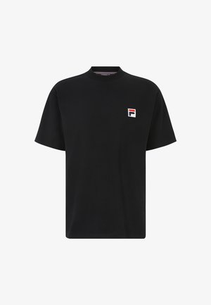 Schwarzkurzärmliges T-Shirt aus Baumwolle, mit hohem Kragen, lockerer Passform und einem kleinen gestickten Logo auf der linken Brust.