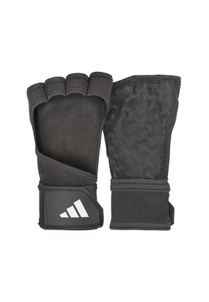 Black fitness gloves with fingerless design, textured grip, Velcro closure, and rubberized accent featuring a white logo.