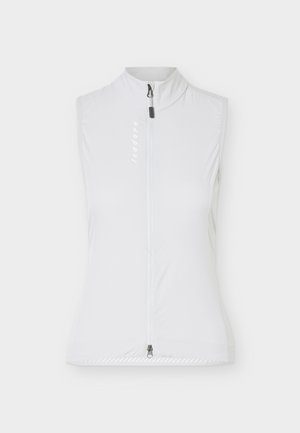 Hvit ermeløs vest med høy hals, frontglidelås og diskret vertikalt logo på venstre bryst, designet for lett bruk.