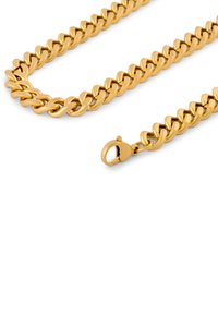 Gouden ketting met een dikke, verstrengelde ontwerp, een gladde textuur en een kreeftensluiting voor een veilige sluiting.