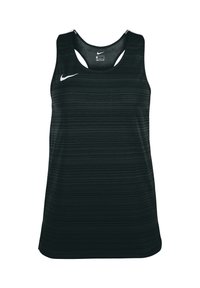 Schwarzes sportliches Tanktop mit strukturierten horizontalen Streifen. Verfügt über einen runden Halsausschnitt und ein offenes Rückendesign. Nike-Logo in Weiß auf der Vorderseite.