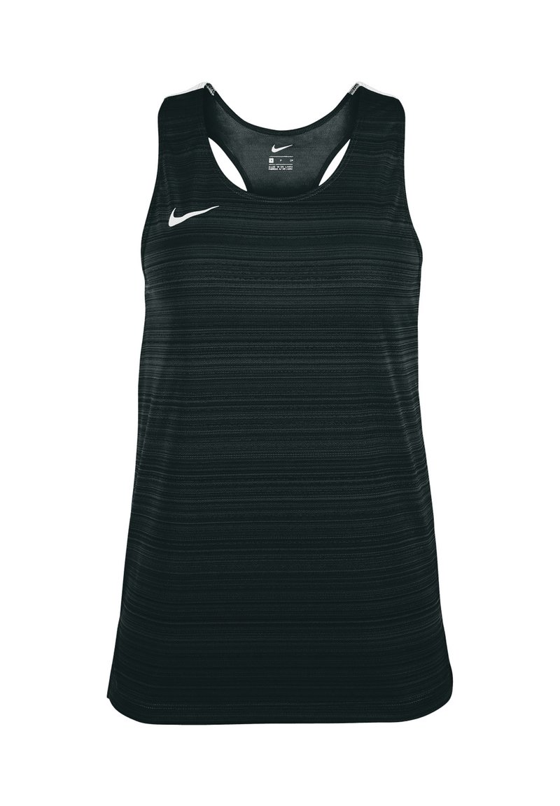 Schwarzes sportliches Tanktop mit strukturierten horizontalen Streifen. Verfügt über einen runden Halsausschnitt und ein offenes Rückendesign. Nike-Logo in Weiß auf der Vorderseite.