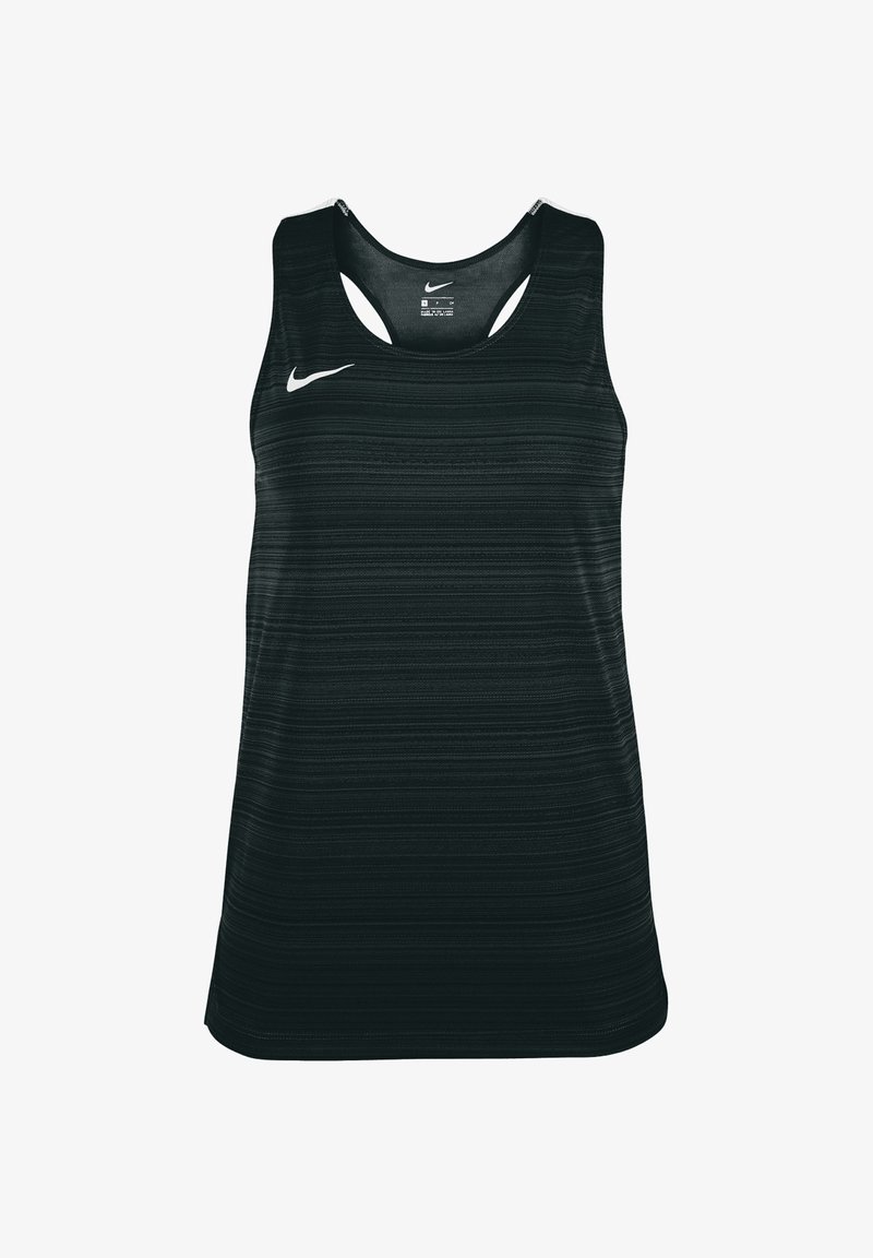 Zwart sportief tanktop met gestructureerde horizontale strepen. Voorzien van een ronde halslijn en een open rugontwerp. Nike-logo in het wit op de voorkant.