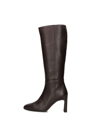 Knee-high brown leather boots with a pointed toe and a slender high heel, featuring a smooth texture and clean design lines.
