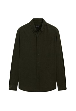 Donkergroene overhemd met lange mouwen en een button-down kraag, voorzien van knopen aan de voorkant en een ontspannen pasvorm. Gemaakt van zachte stof met minimale details.