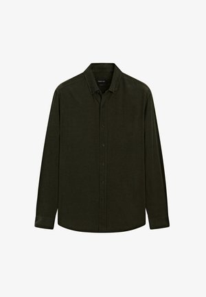 Donkergroene overhemd met lange mouwen en een button-down kraag, voorzien van knopen aan de voorkant en een ontspannen pasvorm. Gemaakt van zachte stof met minimale details.