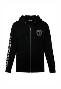 Sudadera negra con cremallera hecha de algodón. Cuenta con un bolsillo tipo canguro, un logo frontal y un texto en blanco audaz que dice "COLORADO" en la manga.