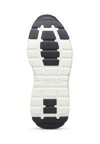 Sole di scarpa in gomma bianca e nera con un motivo di battistrada stratificato e superficie testurizzata, contrassegnata con "W6YZ" su un lato.