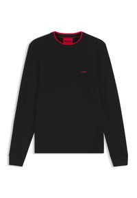 Schwarzer Pullover mit langen Ärmeln, Rundhalsausschnitt und einem roten Akzent am Kragen. Verfügt über ein kleines rotes Logo auf der Brust. Glatte Textur.