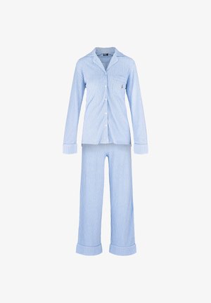 Modrý a bílý pruhovaný pyžamový set s dlouhým rukávem na knoflíky a náprsní kapsou, doplněný o kalhoty se spojenými manžetami; materiál bavlna.