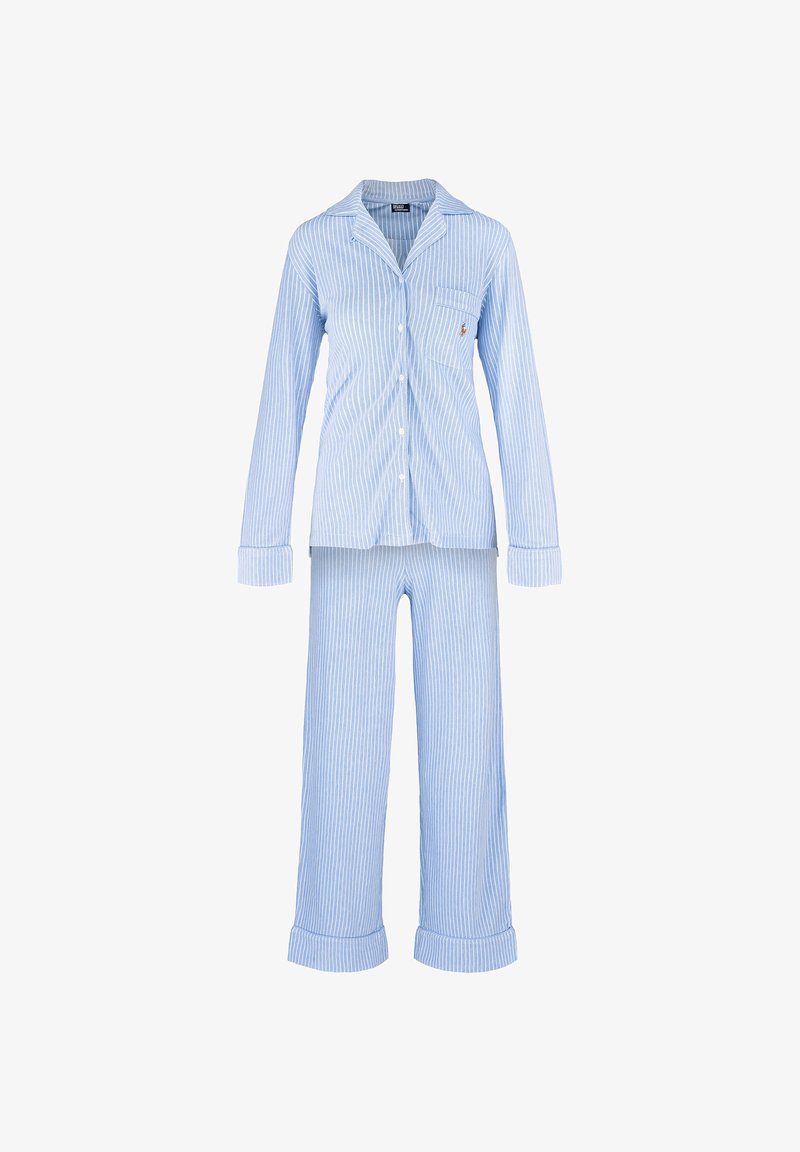 Conjunto de pijama a rayas azul y blancas que incluye una camisa de manga larga con botones, bolsillo en el pecho y pantalones a juego con puños; hecho de algodón.