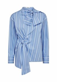 Helles blaues Blusenshirt mit weißen vertikalen Streifen, langen Ärmeln, einer Schleifendetail am Ausschnitt und einem geknoteten Design an der Taille. Glatte Stoffqualität.