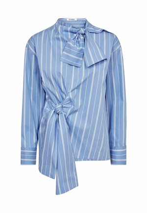 Light blue blouse with white vertical stripes, long sleeves, a tie detail at the neckline, and a knotted design at the waist. Smooth fabric.