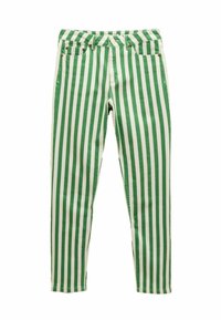Zelené a biele vertikálne pruhované nohavice z bavlny s priliehavým strihom, štyrmi vreckami, kovovými doplnkami zlatého odtieňa a zapínaním na gombík.