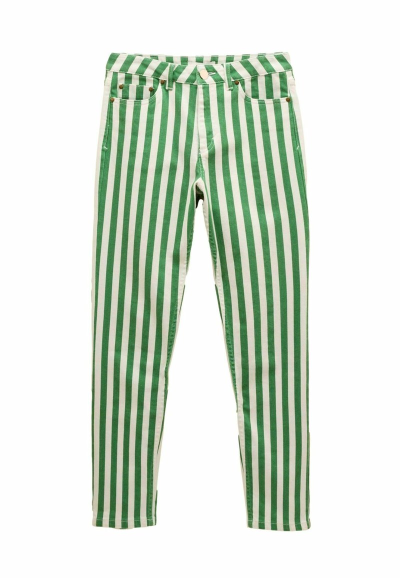 Zelené a biele vertikálne pruhované nohavice z bavlny s priliehavým strihom, štyrmi vreckami, kovovými doplnkami zlatého odtieňa a zapínaním na gombík.