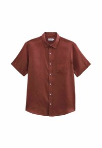 Chemise à manches courtes, boutonnée, dans une teinte rouge rouillée. Fabriquée en tissu texturé avec une poche poitrine et des boutons blancs.