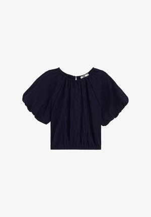 Blouse courte bleu marine avec larges manches bouffantes, encolure ronde, détails de tissu froncé, fermeture à boutons au dos.