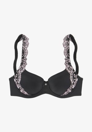 Černá podprsenka s hladkým materiálem, krajkovými akcenty v světle růžové barvě podél okrajů a ramínek, s kosticemi v košíčcích a ozdobným středovým detailem.