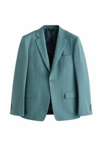 Türkiser Blazer mit eingeknöpften Revers, einem einzelnen Knopfverschluss, zwei Vordertaschen und einem Innenfutter mit Pünktchenmuster. Maßgeschneiderte Passform mit glatter Textur.