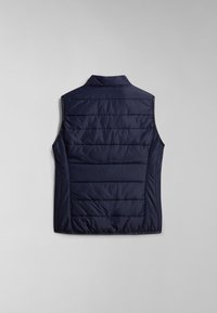 Marinblå ärmlös väst med kviltad design, hög krage och sidopaneldetaljer. Tillverkad av ett slätt, lättviktigt tyg.