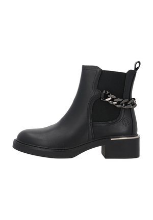 Botte noire en cuir à la cheville avec des panneaux élastiques sur les côtés, bout arrondi et accent décoratif en chaîne argentée sur le dessus. Talon bloc bas.