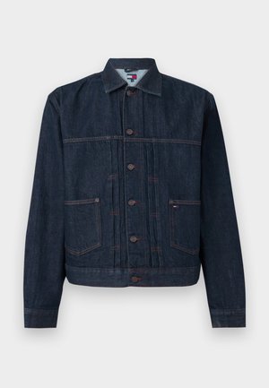 Veste en denim bleu foncé avec fermeture à boutons, deux poches avant, manches longues et col, posée à plat sur un fond clair.