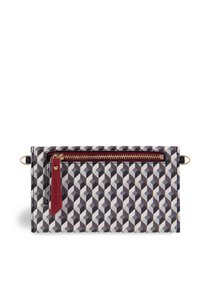 Kopertówka w geometryczny wzór w kolorach białym, czarnym i szarym. Wyposażona w złoty zamek błyskawiczny, bordowy akcent i wytłoczone logo. Gładka powierzchnia.