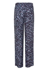 Pantalons à jambes larges à motif floral avec une ceinture élastique. Les couleurs incluent des nuances de bleu, noir et rouge, avec un tissu doux et léger.