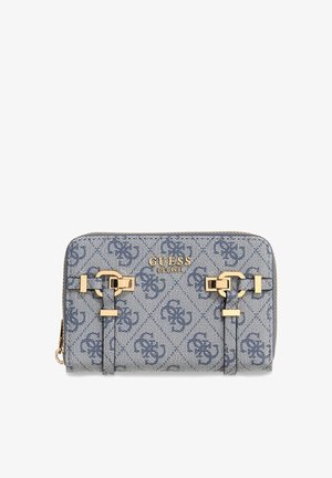 Gray Guess zippered wallet with blue monogram print, gold-tone buckle details, and brand logo on front center.