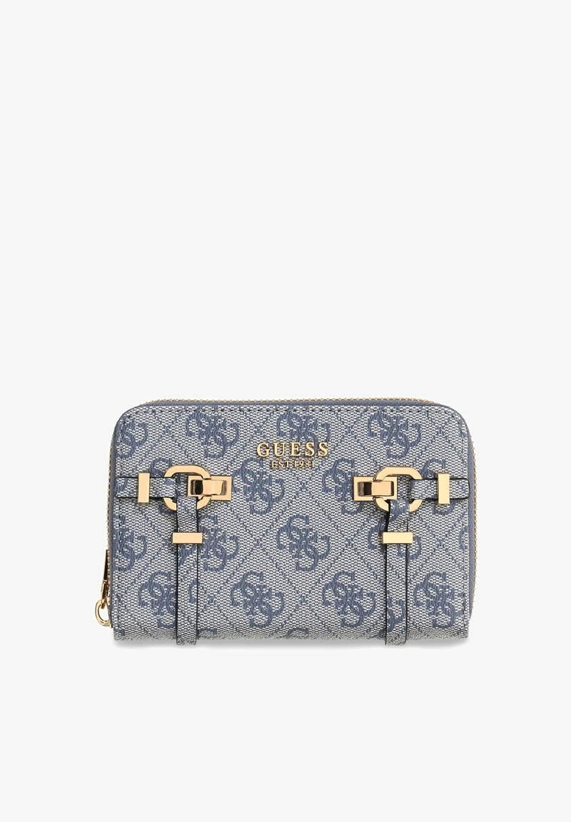 Portefeuille Guess gris avec fermeture éclair, imprimé monogramme bleu, détails de boucle dorée et logo de la marque au centre avant.