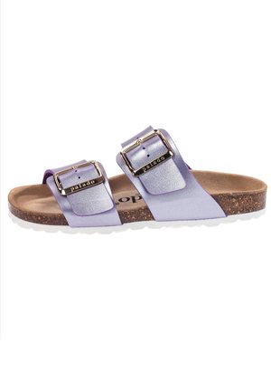 Sandalettes met twee paarse faux leren banden met gouden gespen. Korken voetbed en witte rubberen zool.