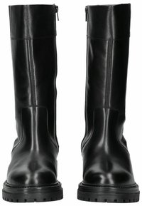 Bottes noires en cuir jusqu'aux genoux avec une texture lisse, des fermetures éclair sur le côté et des semelles en caoutchouc robustes, présentant un bout rond et des détails de couture minimes.