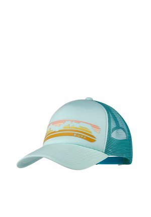 Light blue and teal mesh baseball cap with curved brim and orange and pink striped mountain design with "BUFF" text on front panel.