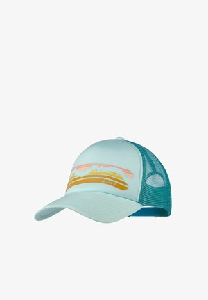 Hellblaues und türkisfarbenes Mesh-Baseballcap mit gebogenem Schirm und orange-pink gestreiftem Bergmuster mit "BUFF" Schriftzug auf der Vorderseite.