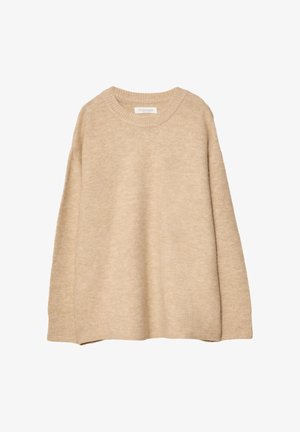 Beiger Pullover aus weichem Strickmaterial mit rundem Ausschnitt, langen Ärmeln und gerippten Bündchen und Saum. Minimalistisches Design ohne Muster.