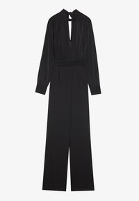 Combinaison noire à manches longues, décolleté en V profond, plis avant, taille cintrée et design à jambes larges. Tissu lisse avec un léger éclat.
