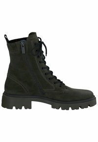 Dunkelgrüne Wildleder-Stiefeletten mit schnürbarem Vorderteil und seitlichem Reißverschluss. Chunky schwarze Sohle mit ausgeprägtem Profil. Kontrastierende Nähte.