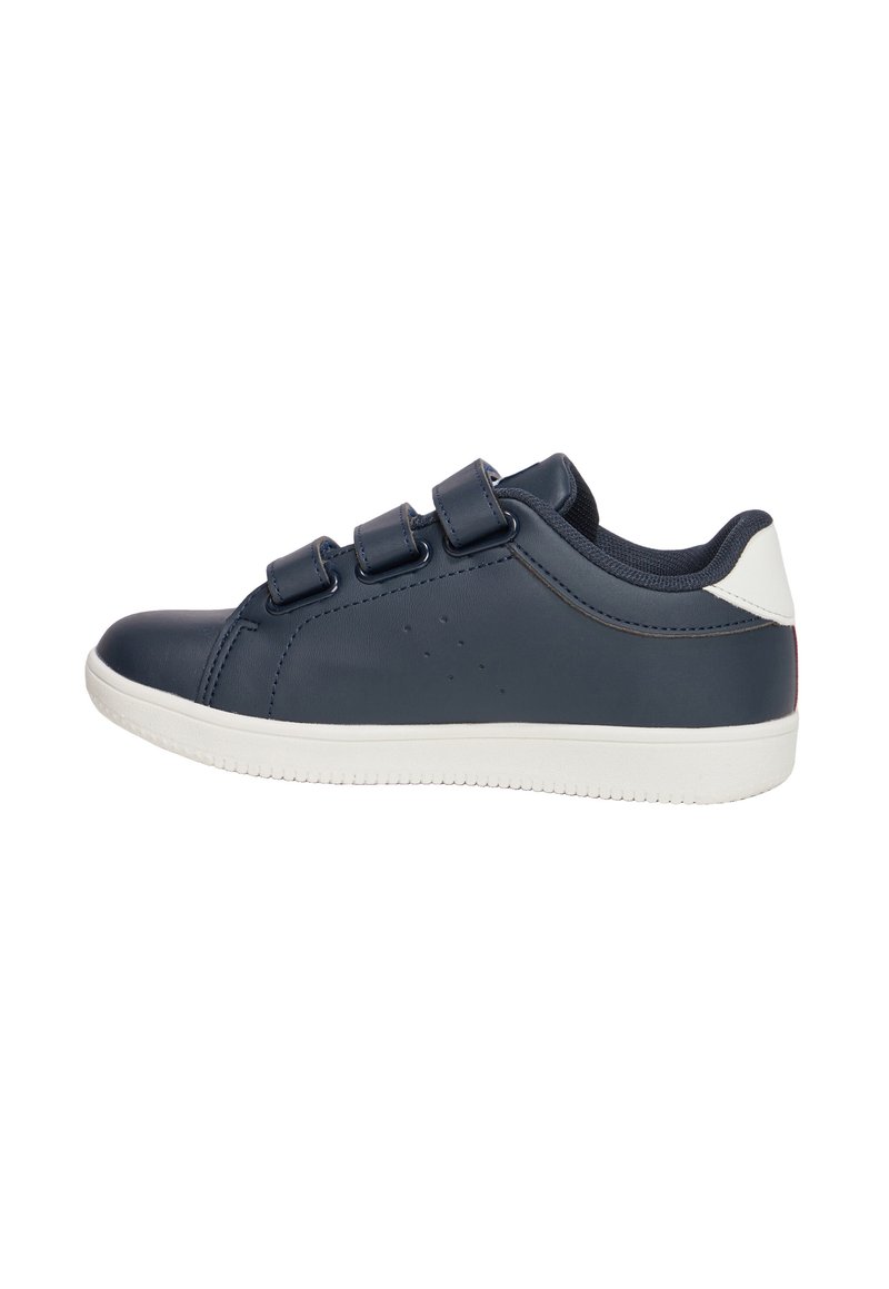Sneaker blu navy con cinturini in velcro, tomaia in pelle liscia, suola in gomma bianca e dettagli perforati per la traspirabilità.