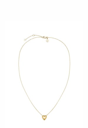 Złoty naszyjnik łańcuszkowy z serduszkiem o gładkiej powierzchni. Łańcuszek ma regulowaną długość z zapięciem i metką marki.