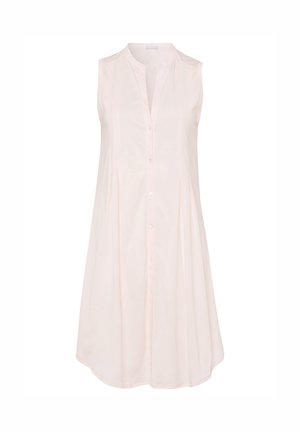 Ärmelloses, hellrosa Kleid mit durchgehender Knopfleiste, weichem Stoff, Falten an der Taille und rundem Ausschnitt.