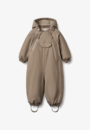 Béžová nepremokavá zimná kombinéza s kapucňou, elastickými manžetami, predným vreckom a pútkami na pripevnenie. Hladká textúra a prúdový dizajn.