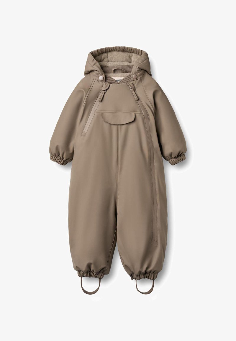 Beżowy wodoodporny kombinezon zimowy z kapturem, elastycznymi mankietami, przednią kieszenią i uchwytami do przypięcia. Gładka faktura i smukły design.