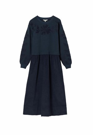 Abito blu navy a manica lunga con ricamo floreale sul petto e sulle maniche, caratterizzato da un top aderente e da una gonna midi plissettata.