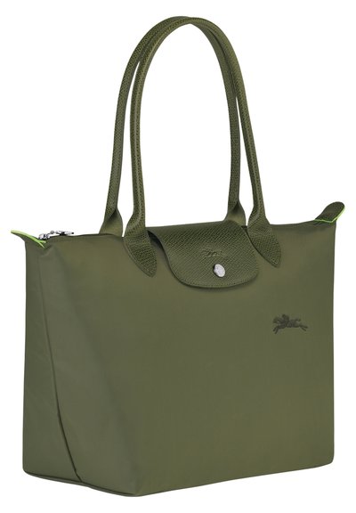 Olive green tote bag made of nylon with leather handles, a top snap closure, and embroidered logo. Smooth texture with contrasting accents.