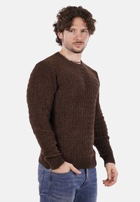 Maglione marrone a maglia con un motivo testurizzato, maniche lunghe e colletto rotondo. Polsini e orlo a costine. Indossato con jeans blu.