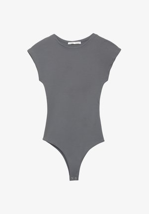 Grå bodysuit med korte ærmer, lavet af glat stof. Features en høj skæring ved benene og trykknaplukninger i bunden for nem påklædning.