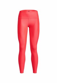 Legginsy o wysokim stanie, dopasowane, w jaskrawym czerwonym kolorze, wykonane z gładkiego, elastycznego materiału o bezszwowym fasonie i bez widocznych logotypów.